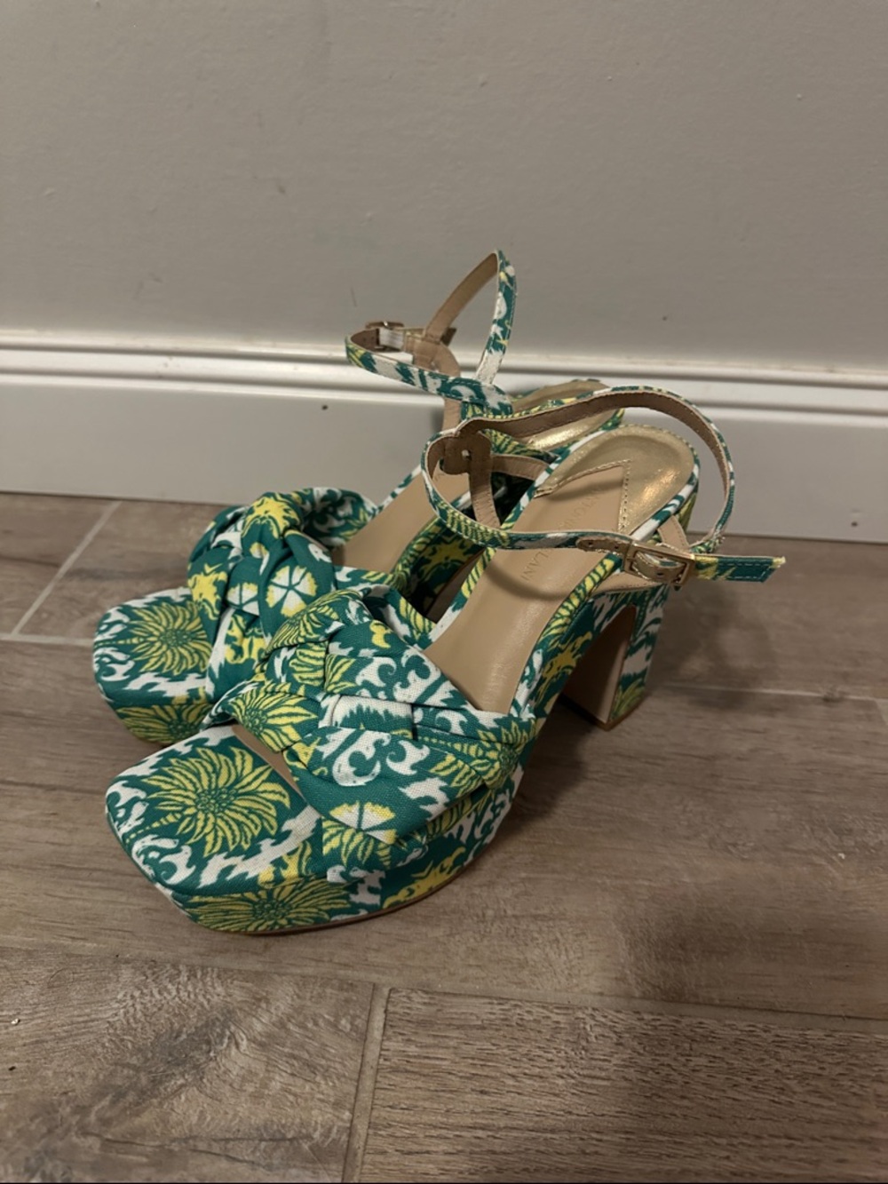 ANTONIO MELANI Teal and Yellow Floral Platform Sandals with Ankle Strap
